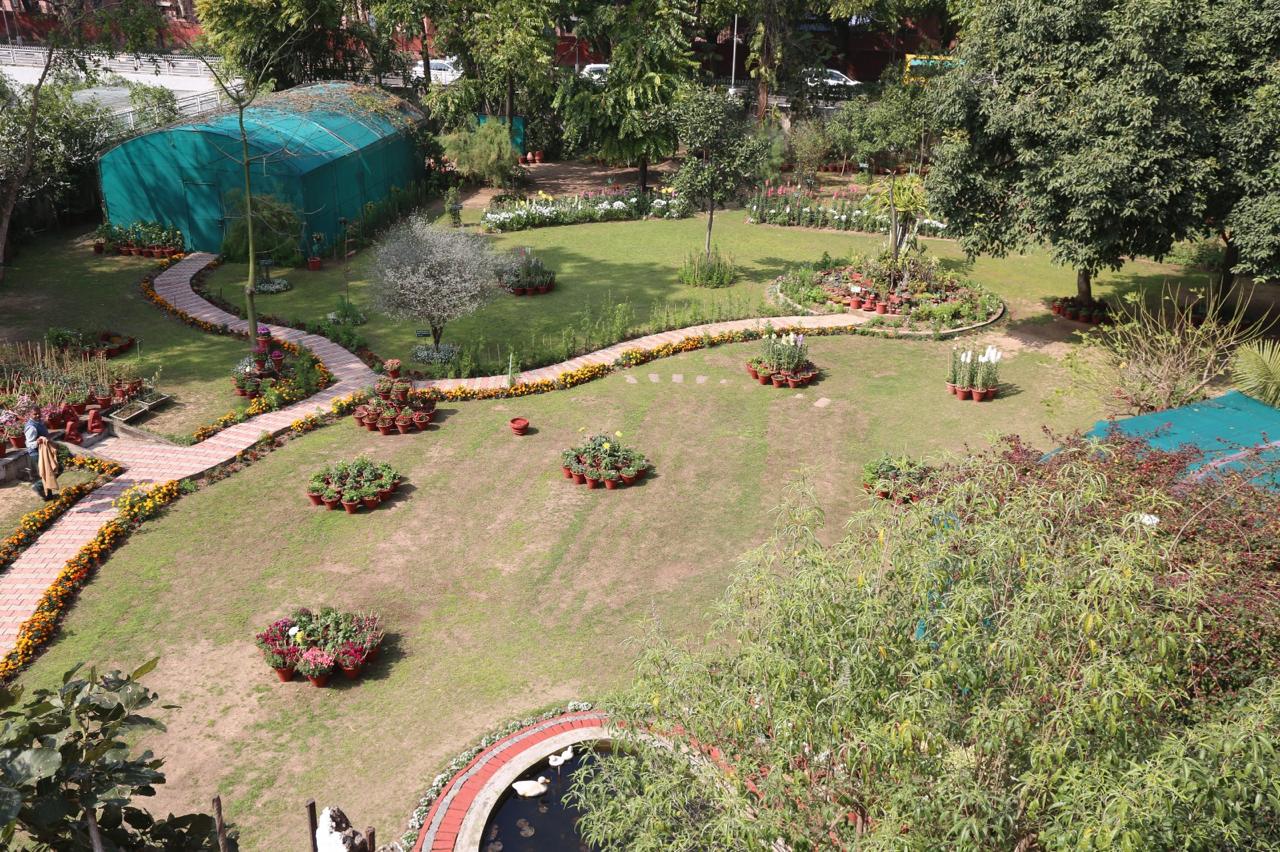 Botanical Garden of SGGS College — aerial view of curated beds, pathways and aquatic pond